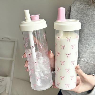 Rosa Schleifendruck Wasserflasche mit Strohhalmdeckel 700ml Niedliche Teetasse Tragbarer Milch-Saft-Behälter für Outdoor Schule Reise