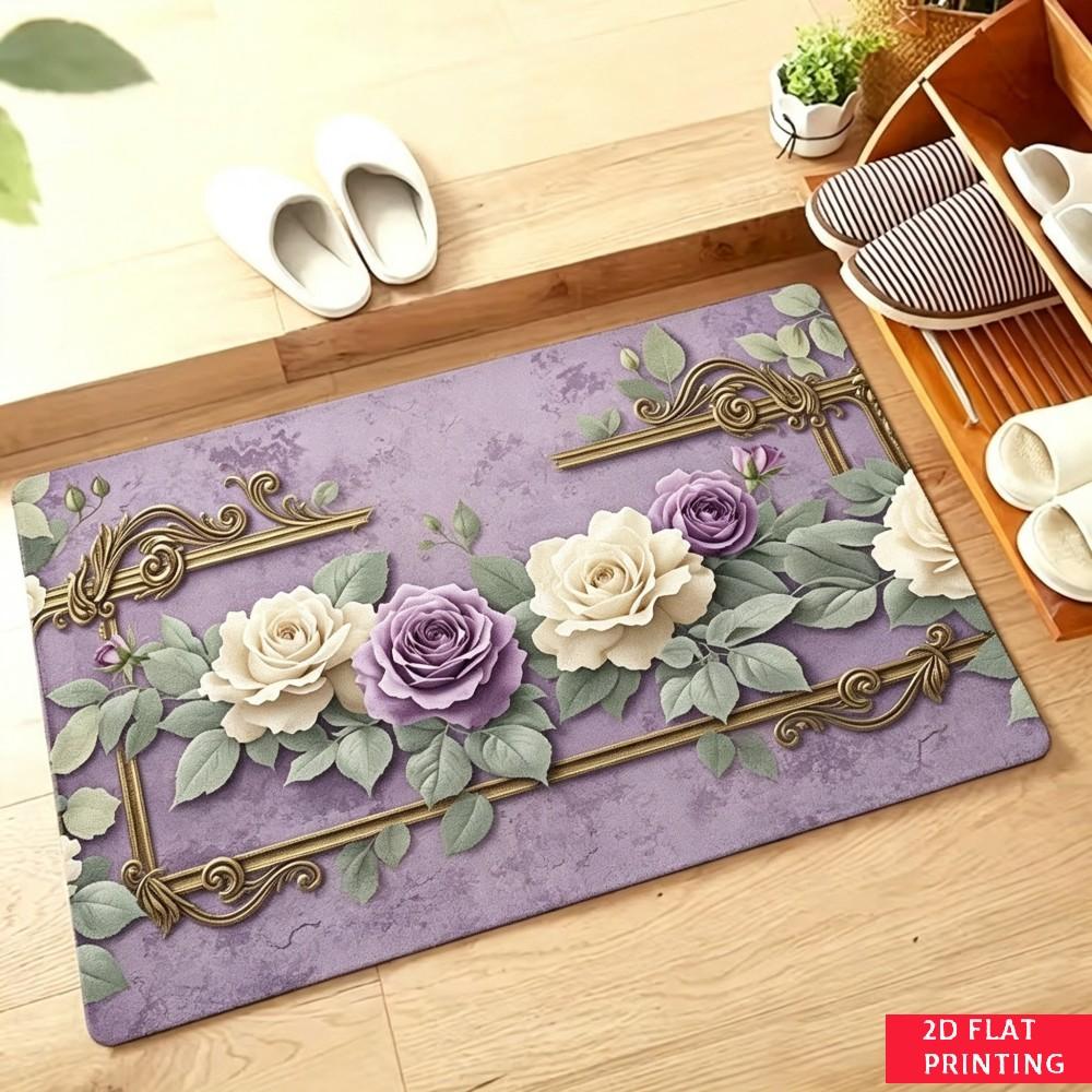 Vintage Rose Purple Floor Mat Gold Frame Floral Pattern Print Non Slip Washable Carpet For Elegant Entryway Bathroom Decoration