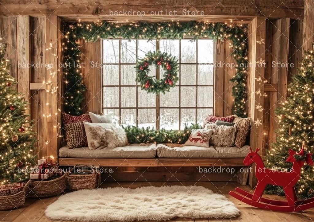 Decorazioni Festa di Natale Sfondo in Legno Finestra Interna Regali Albero di Natale Bambini Famiglia Ritratto Sfondo Fotografico per Studio Fotografico
