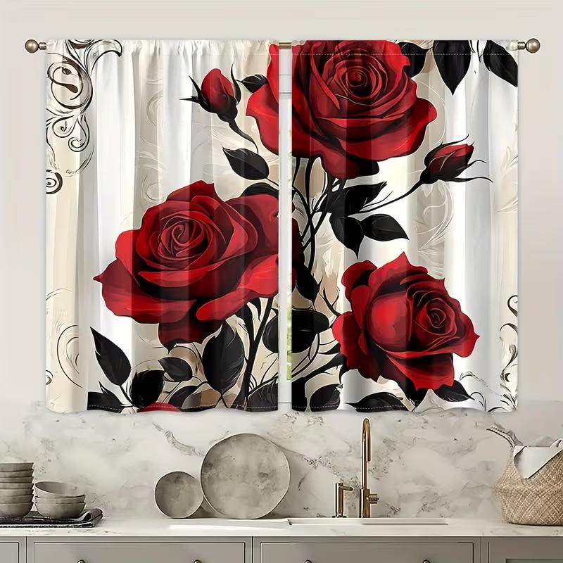 2pc Burning Red Rose Curtains   Light Luxury French Style   Suitable for Bedrooms  Living Rooms   Rod Pocket Decorative Curtains