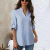 Cross-Border Hot Sale New Small V Stand Collar Fashion Casual All-Match Blue Stripes Button Drop-Shoulder Long-Sleeve Shirt Coat