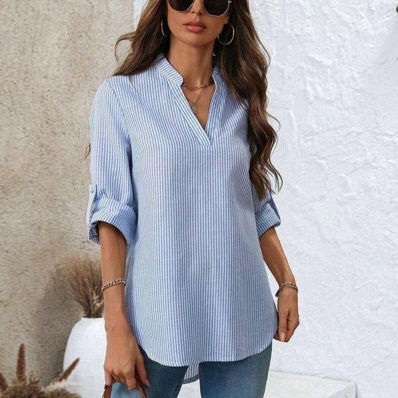 Cross-Border Hot Sale New Small V Stand Collar Fashion Casual All-Match Blue Stripes Button Drop-Shoulder Long-Sleeve Shirt Coat