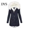 Long Down Jacket Women Winter Cotton Coat Plus Size Faux Fur Hood Fleece-lined Zip-up Temperature Locking Press Button Closure Windproof Mid