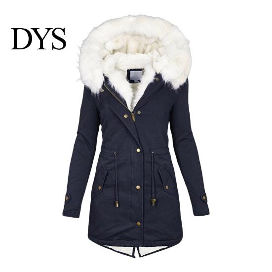 Long Down Jacket Women Winter Cotton Coat Plus Size Faux Fur Hood Fleece-lined Zip-up Temperature Locking Press Button Closure Windproof Mid