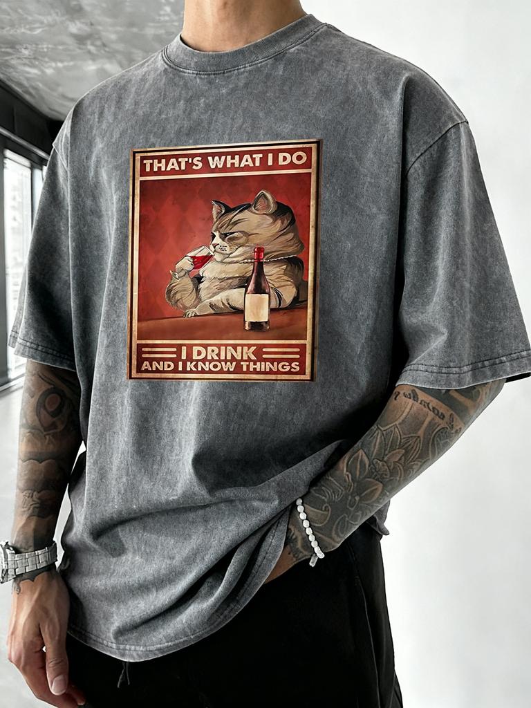 Cat That Is What I Do Print Washed TShirt Men Summer Crewneck T Shirts Breathable Cotton Streetwear Soft Beach Short Sleeve