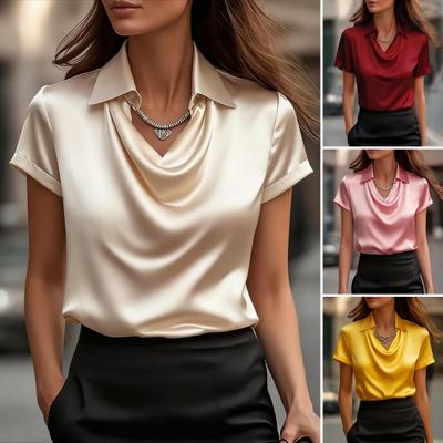 Women Tops Lapel Swing Collar Short Sleeve Casual Shirt Smooth Satin Loose Fit Summer Shirt Tops Daily Wear