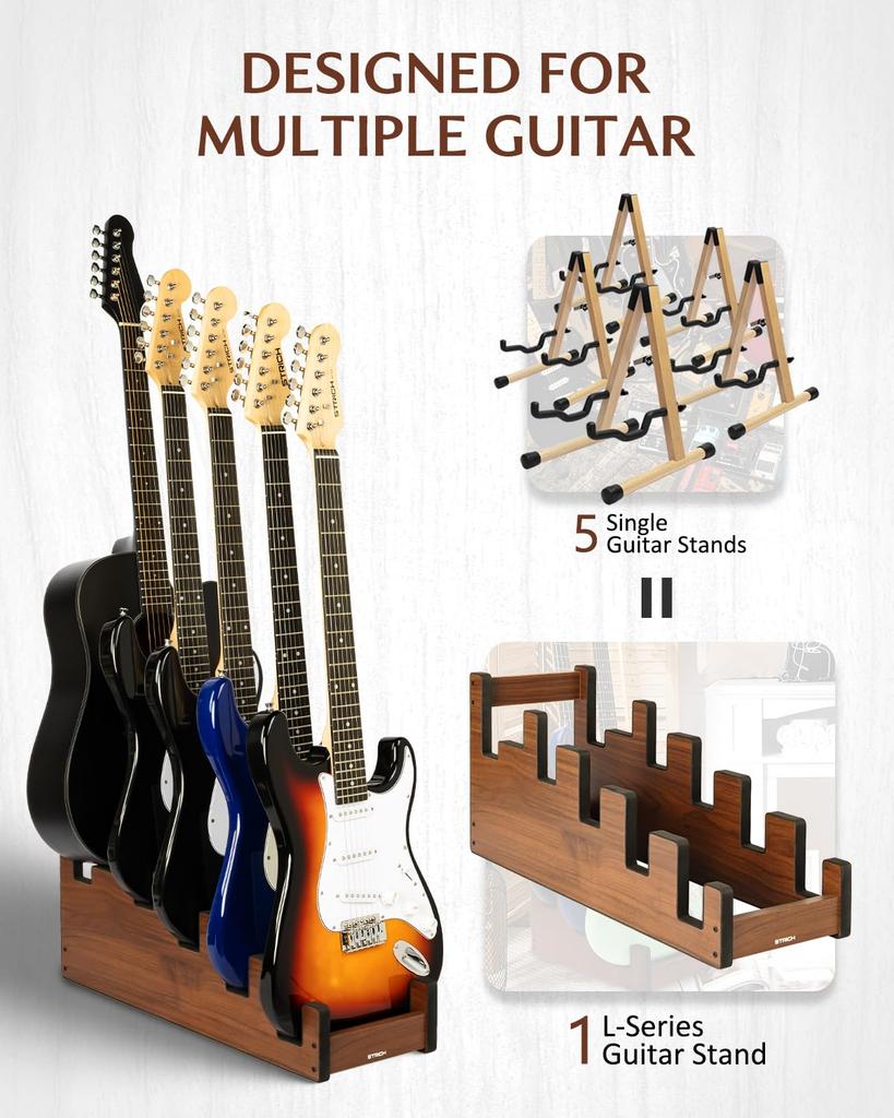 STRICH Guitar Wooden Guitar Rack with Front Design for and Stage Walnut 4 Electric Guitars and 1 Acoustic Stand, 5-Guitar Stand, Floor-Mounted