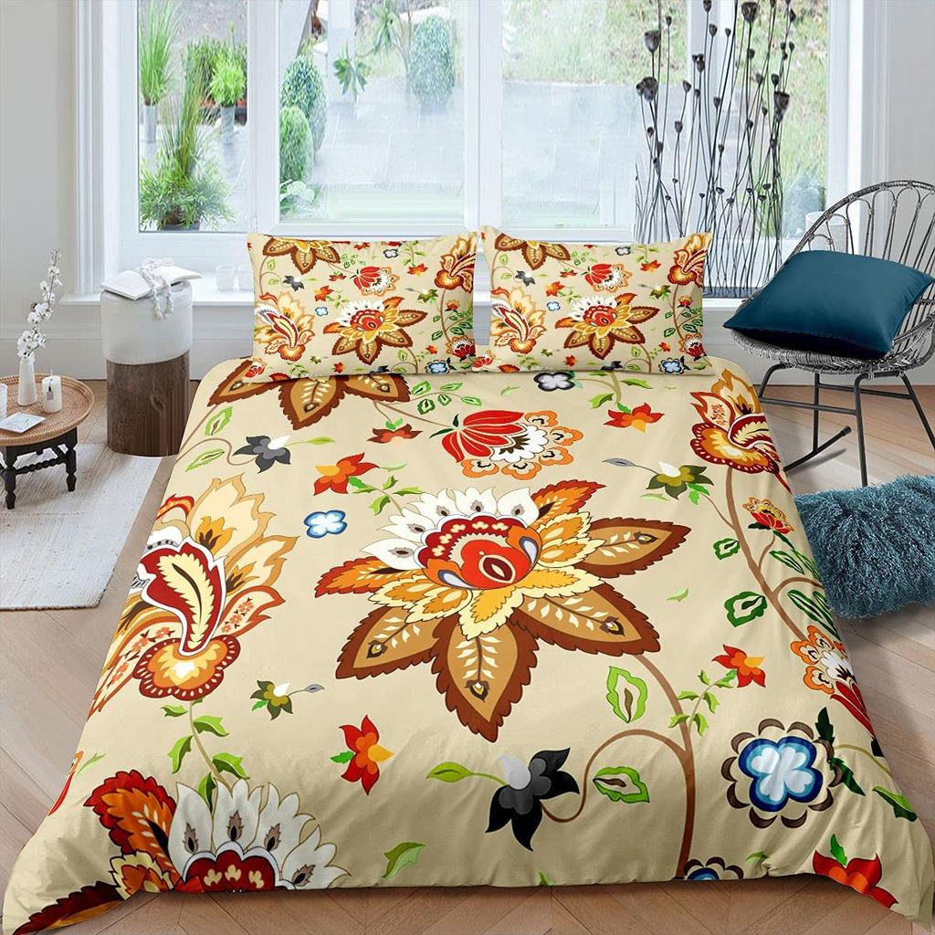 Bettdecke Retro Blumen Aquarell Gelb Floral Grüne Blätter Pflanze Bettdecke Und 2 K Bunter Stil Bettwäsche-Set