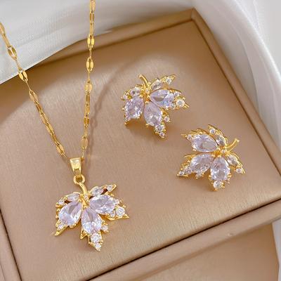 1 Pair Stud Earrings +1 Pc Necklace With Golden Maple Leaf Design Copper Jewelry Set Zirconia Inlaid Vintage Elegant Style Trendy Female Gift