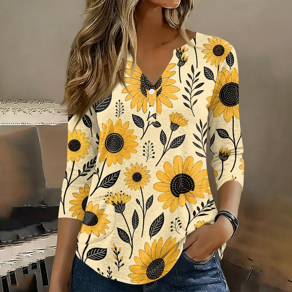 Women 3/4 Sleeve V Neck Henley Floral Print Pullover Casual T Shirt Top Lightweight Soft Fabric Comfortable Fit