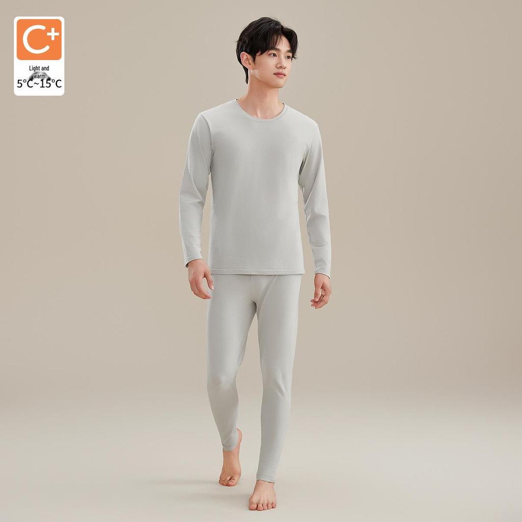 Men's Brushed Thermal Cotton Modal Crew Neck Underwear Set - Winter Thin Warm Set