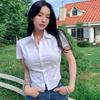 Women Summer Waisted Short Sleeve Shirt Slim Shirt Short Sleeve Top