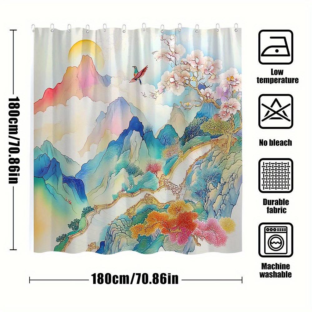 1pc Cherry Blossom Bird Bath Curtain - Vibrant Watercolor Design with Red for Blue Bird Pink Flowers Mountain Stream Pastel Sky
