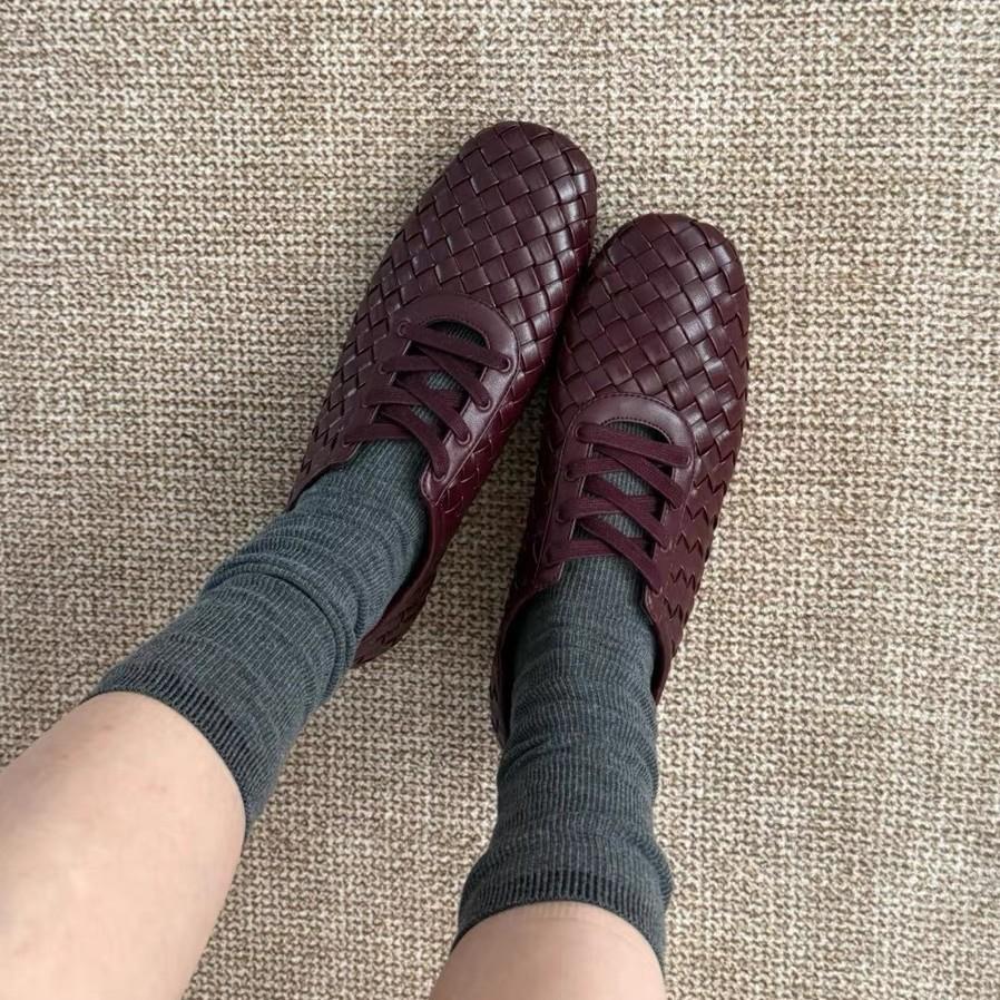 Summer New Retro Hand-woven Square Head Flat Bottom Single Shoes Women's Leather Lace-up