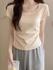 Cotton Short Sleeve T Shirt For Women With Pleated Design For Spring Summer Casual Wear