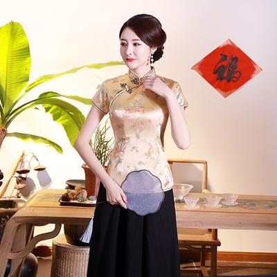 Ladies Spring and Summer Retro Slim Cheongsam Top Standing Collar Literary Temperament Top