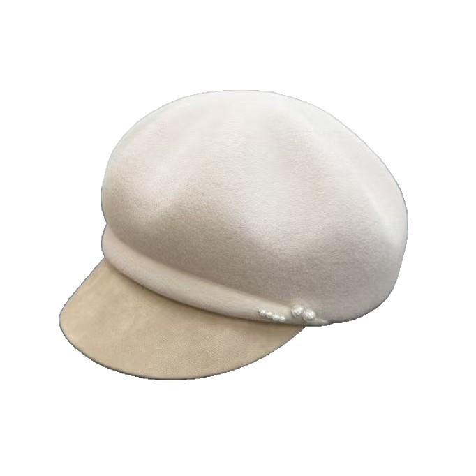 Autumn and Winter Pearl Wool Newsboy Hat Women's British Retro Leather Brimmed Octagonal Hat Shows Small Temperament Bere Cap