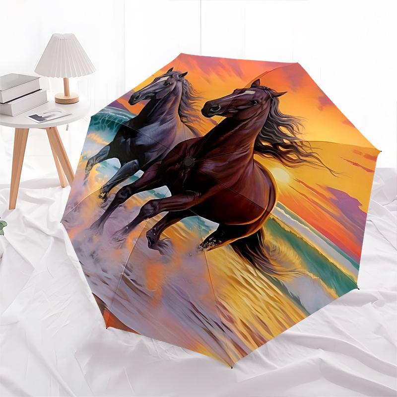 Sunset, Horses Automatic Folding Umbrella Compact 8 rib Design, Unique Style, Suitable for Everyday Outdoor Use, Perfect Gift for Friends an