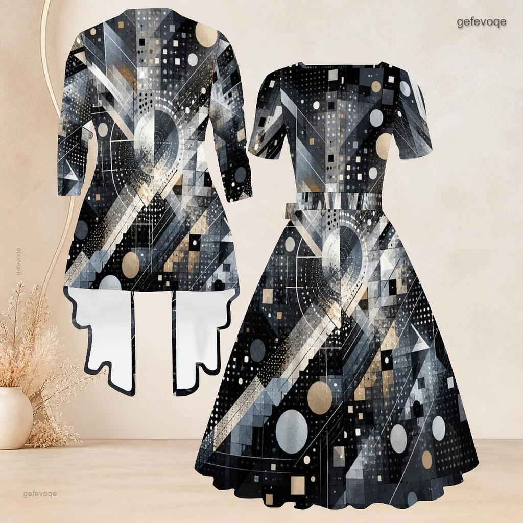Women Plus Size Printed Two Piece Set Long Sleeve Cardigan Square Neck Short Sleeve Tie Waist Flared Dress