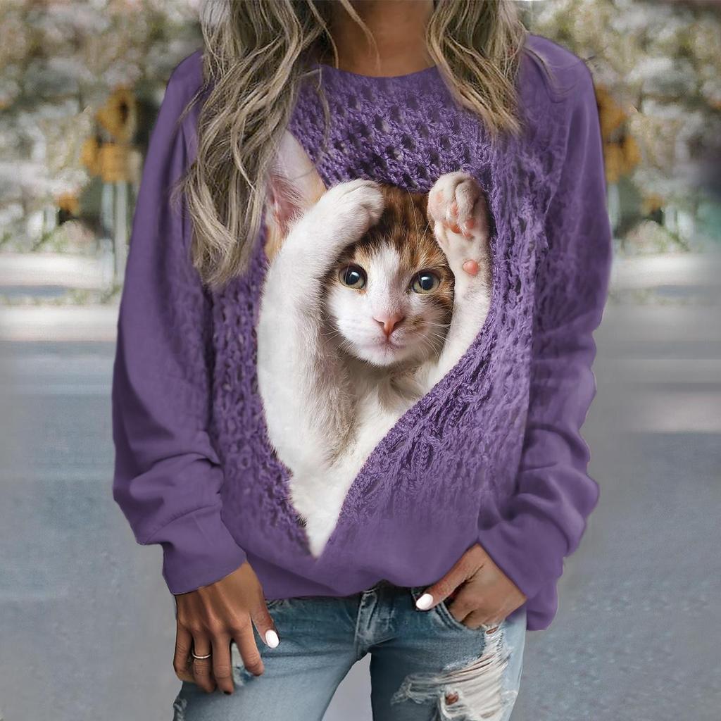 Women's Sweater Pullover T-Shirt Fashion Kitten Print Long Sleeve T Shirt Girls Street Casual Ladies Clothes O-Neck Sweatershirt