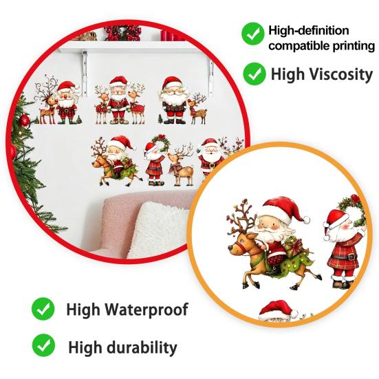 Indoor Christmas Scene Wall Stickers, Watercolor Santa Claus Reindeer Decals, Self-Adhesive Festive Decorations Stickers for Living Room Bedroom