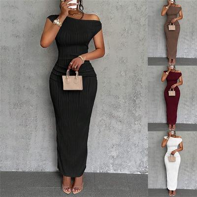 Sexy Solid Color Dress Cute Slim Water Ripple Diagonal Shoulder Dress
