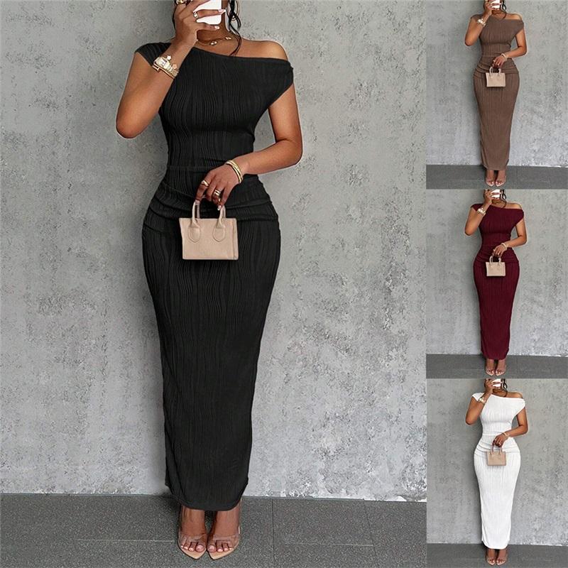 Sexy Solid Color Dress Cute Slim Water Ripple Diagonal Shoulder Dress