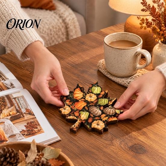 Coasters for Coffee Tables 4Pcs Thanksgiving Wooden Maple Leaf Coaster with Pumpkin Print, Heat Resistant Print Table Non-Slip Drink Mats Fall
