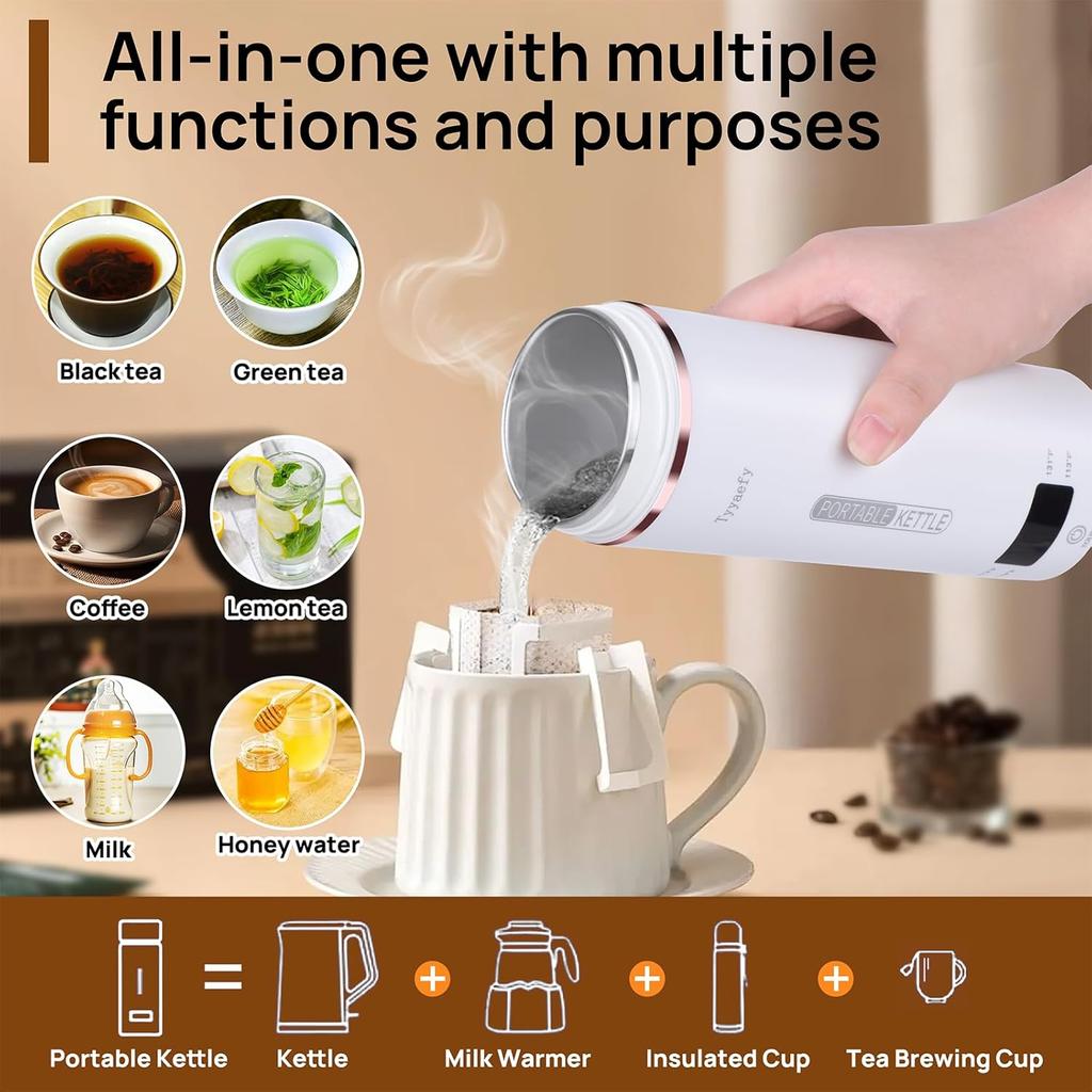Travel Portable Electric Kettle,Tea Coffee Kettle, Boiled Water Kettle for Rapid Heating & Boiling, Leak Proof & Heated-Insulated, 450mL & 304