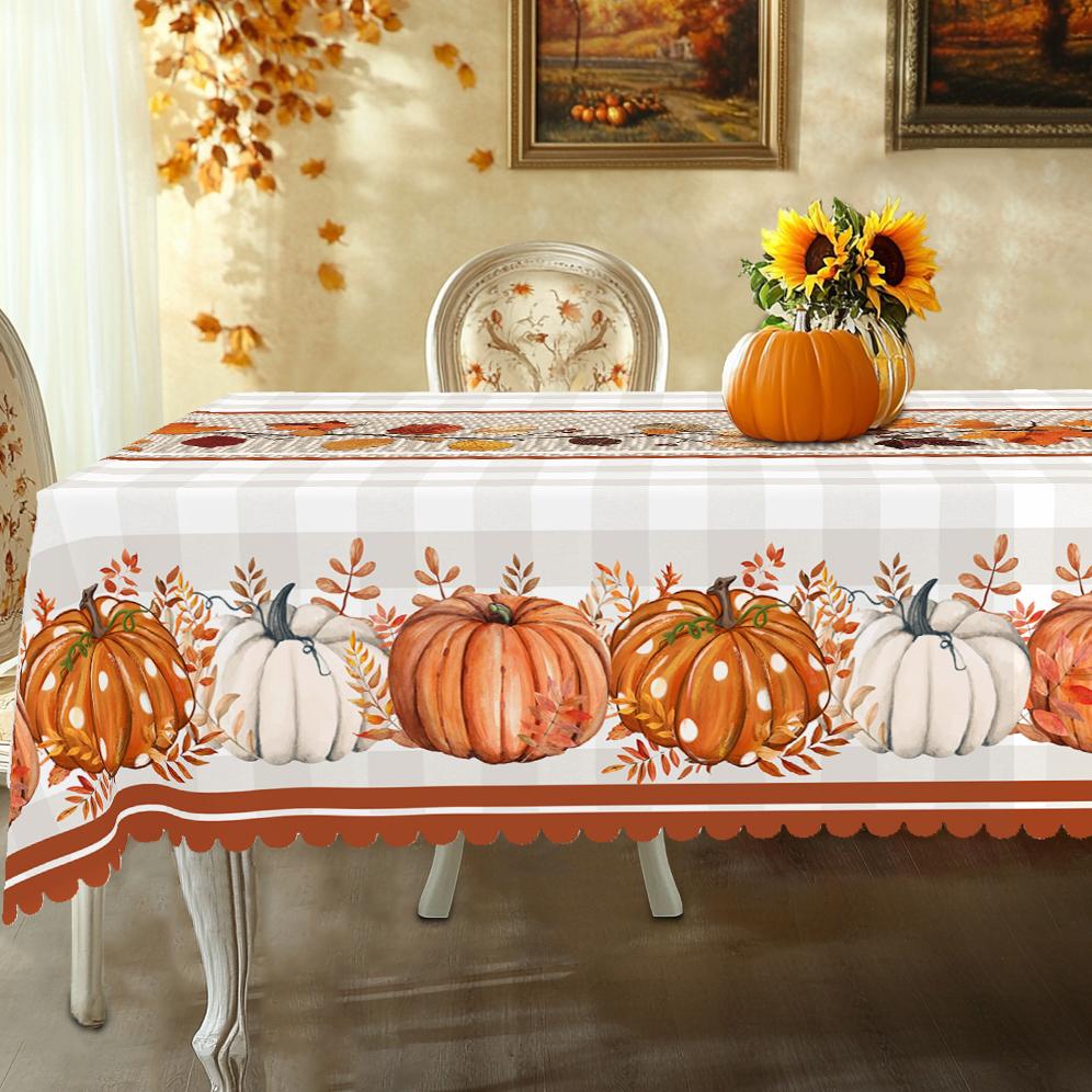 1 Piece Of Autumn Thanksgiving And Autumn Harvest Festival Themed Printed Tablecloth, Vintage Country Farmhouse Style, Pumpkin And Maple Leaf Pattern