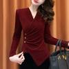 2025 New Autumn French V-neck Buttoned Waist Long-sleeved Velvet Elegant Women's Top
