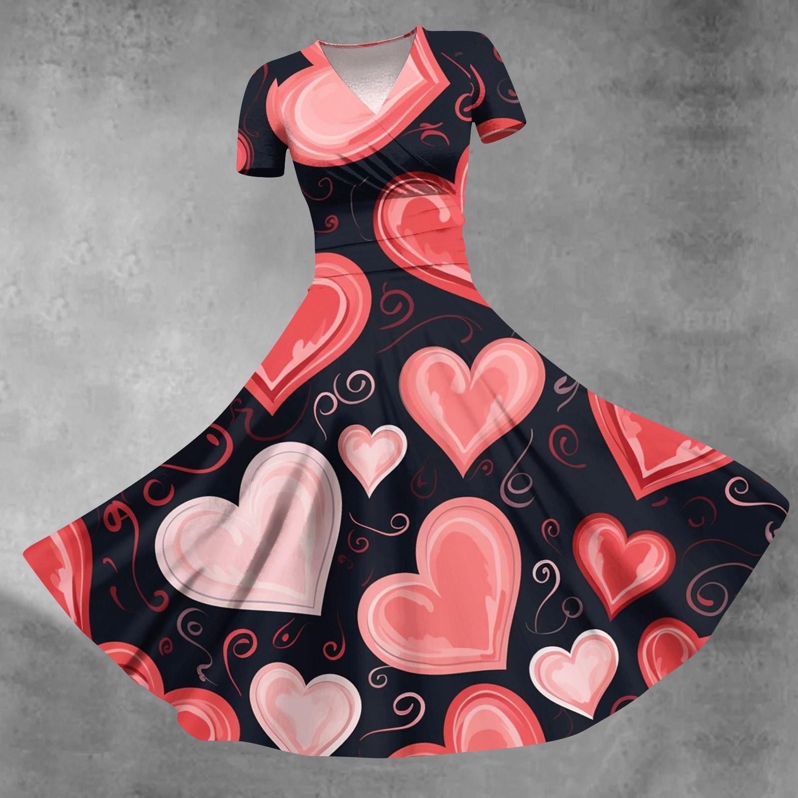 

Women s Princess Dress Sexy V-neck Valentine s Day Print Waist Pull Pleated Short Sleeve Dress XL кавун червоний колір