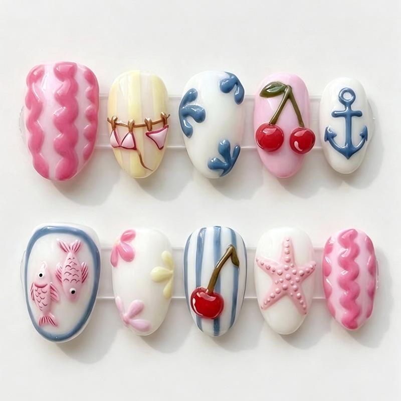 30 stuks kunstnagels spiraalvormig reliëf dopamine-geïnspireerde citroen- en sterontwerpen press-on nagels—Perfect als cadeau voor meisjes