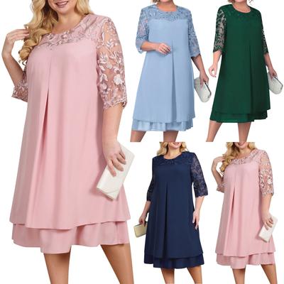 Damen-Kleid, einfarbig, Patchwork-Spitze, halbe Ärmel, Rundhalsausschnitt, lässig, übergroß