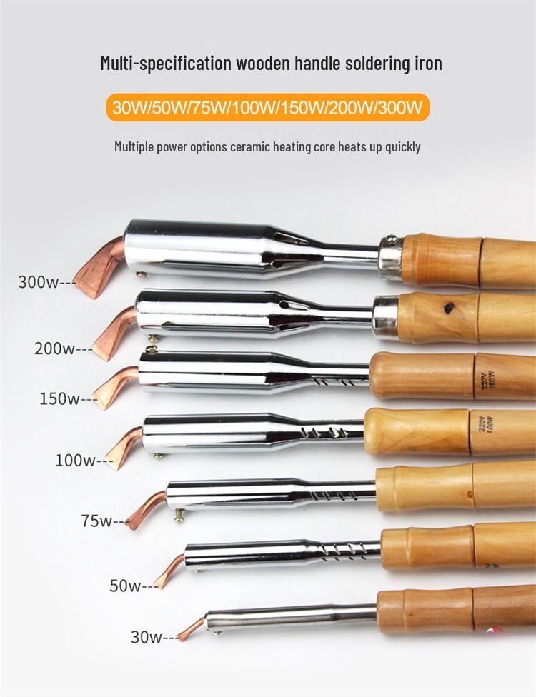 High-Power Wood Handle Soldering Iron with Bent Flat Copper Tip - 100W to 300W
