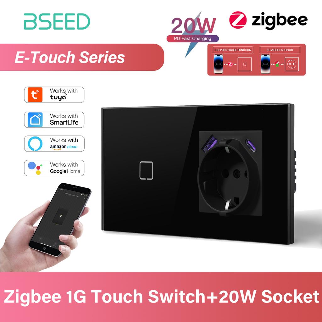 BSEED 1/2/3/4Gang Zigbee Touch Switch Glass with USB-C EU Sockets 20W Smart Wall Light Switch Touch Screen Backlight E Series