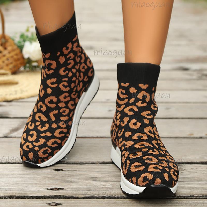 Fashion Leopard Printed Knitted Socks Sneakers for Women Breathable Casual Sports Running Shoes Woman Fashion High Top Slip-On Sneakers