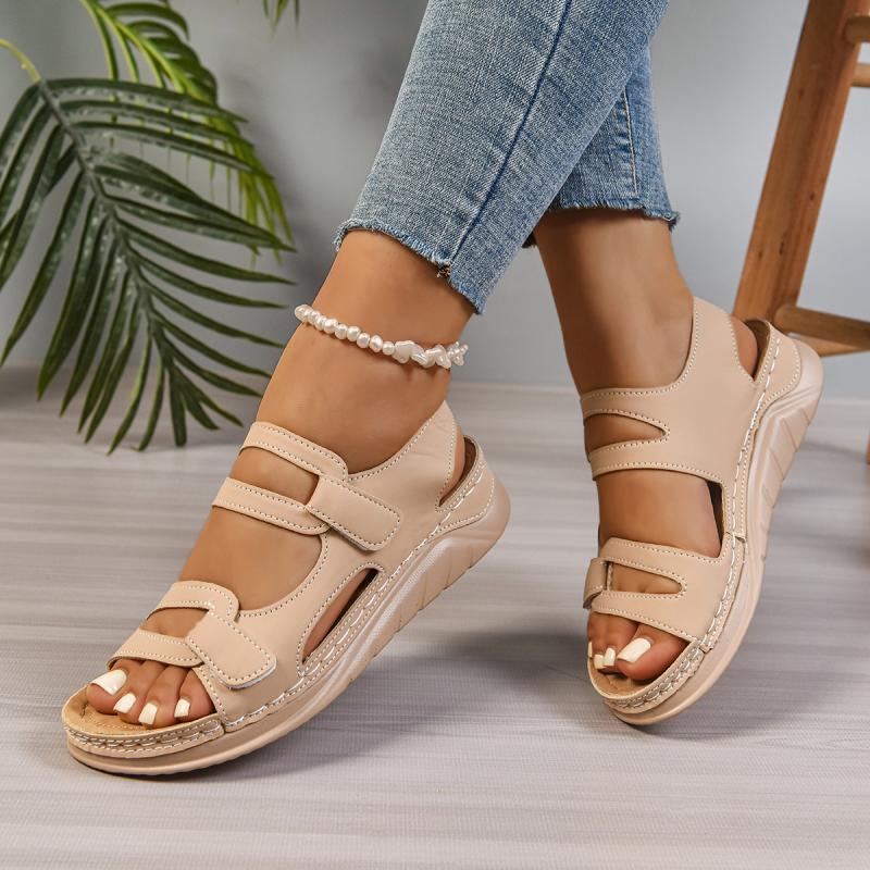 Fashion Casual Hollow Out Nude Velcro Sandals Women 2025 Summer Round Toe Wedge Heel Sandals Comfortable Soft Sole Non Slip Mom's Shoes