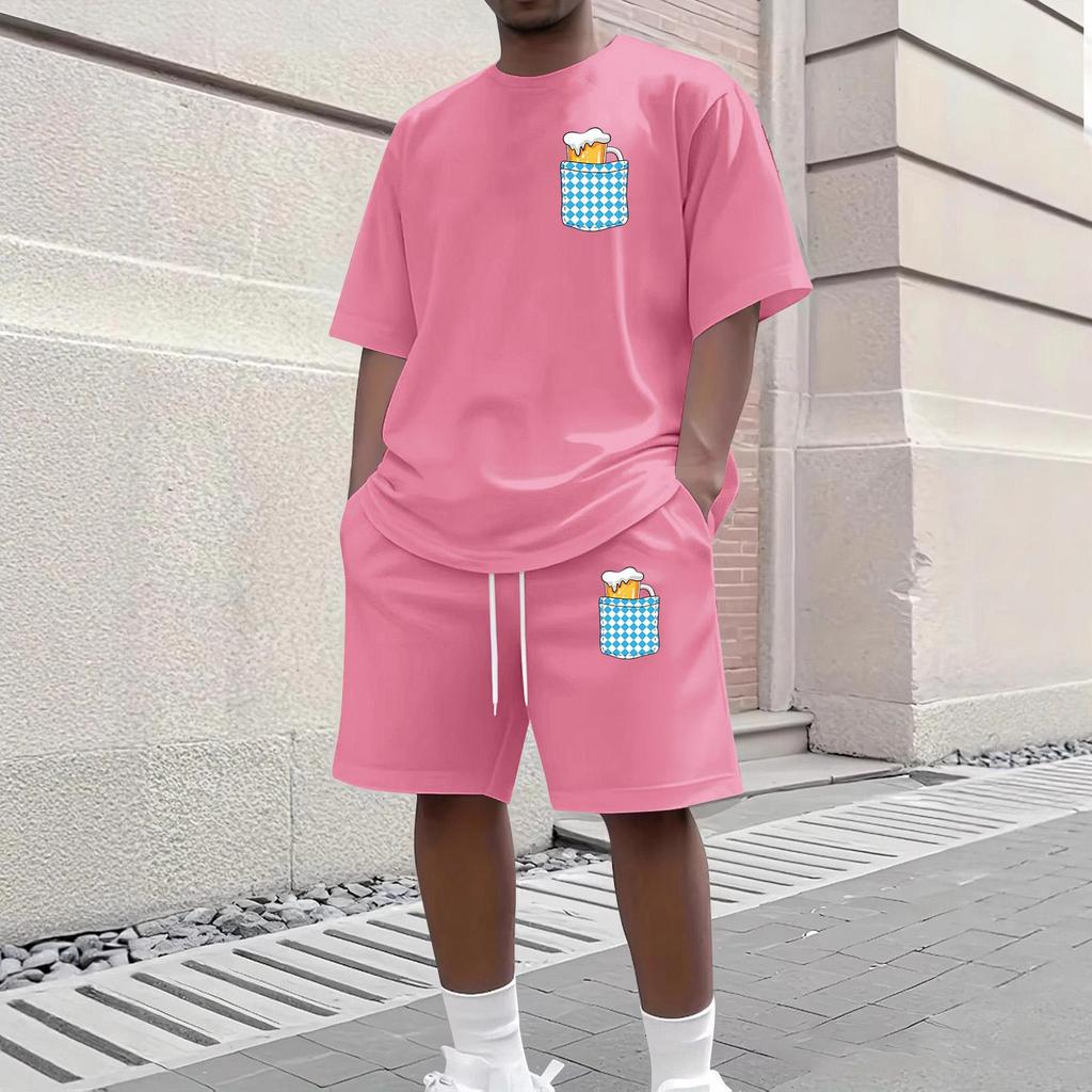 Herren Casual Kurzarm T-Shirt und Shorts Set Rundhalsausschnitt Oberteil und Bund mit Kordelzug Unterteil mit Taschen detail Geeignet für den täglichen Gebrauch