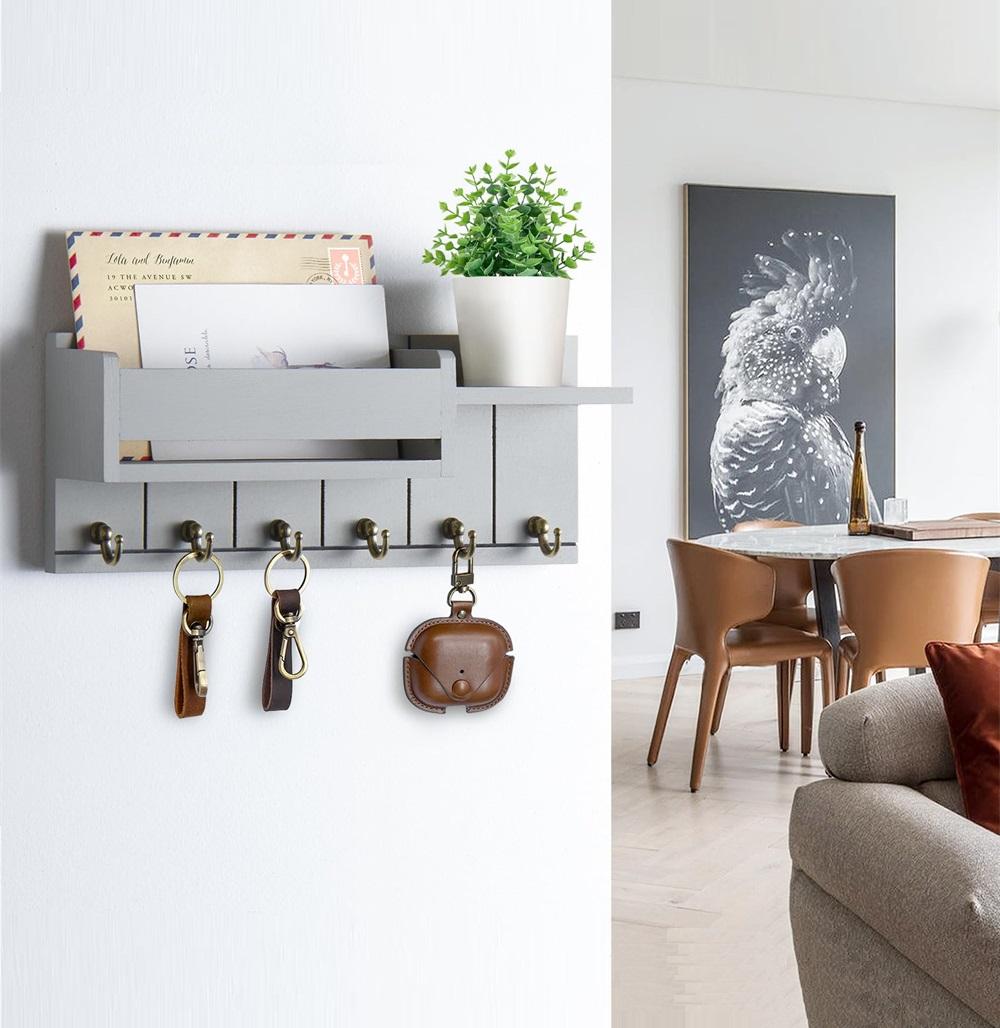 Wooden Key Hooks for Wall Decor Living Room Modern Entryway Key Hanger Rack and Mail Organizer with Shelf for Home Essentials bianco