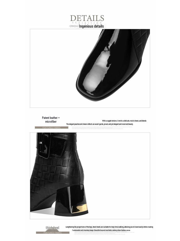 Women's 2025 Autumn/Winter British Style Fleece-Lined Square Toe Chunky High Heel Ankle Boots