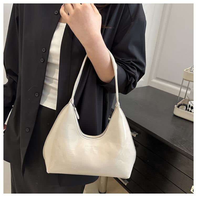 Glossy Faux Leather Crescent Bag for Women Fashionable Handheld Shoulder Purse Trendy Daily Clutch