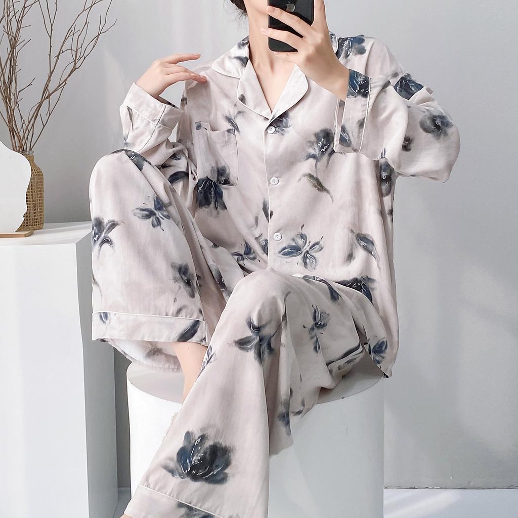Cotton and silk suit spring and summer long-sleeved cardigan loungewear sweet wind floral pajamas women's spring and autumn thin pajamas can be worn
