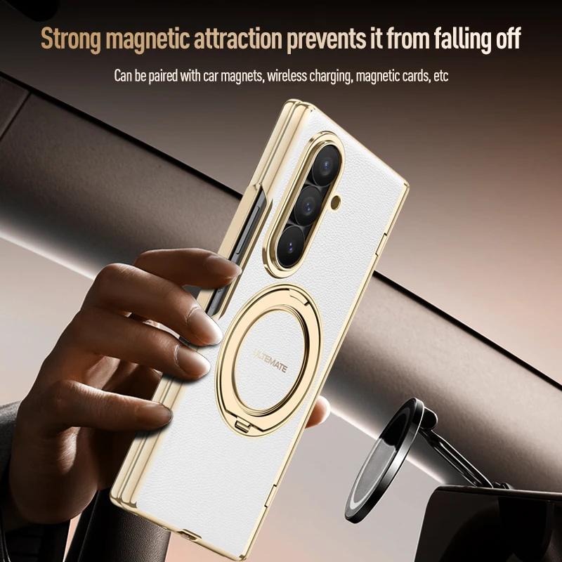 Luxus PU-Lederhülle für Samsung Galaxy Z Fold8 Fold 8 Ultra Drehbarer Magnetischer Ständer Handschlaufe Metall-Linsen-Glas-Bildschirmabdeckung
