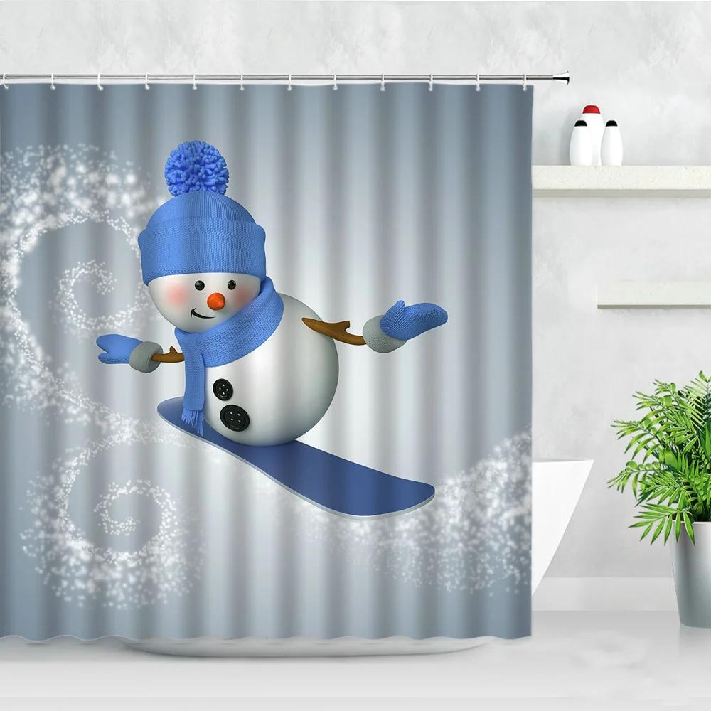 Funny Christmas Snowman Shower Curtains Skiing Winter Forest Color Xmas Ball Gift New Year Bathroom Decor Bath Curtain Set Hooks