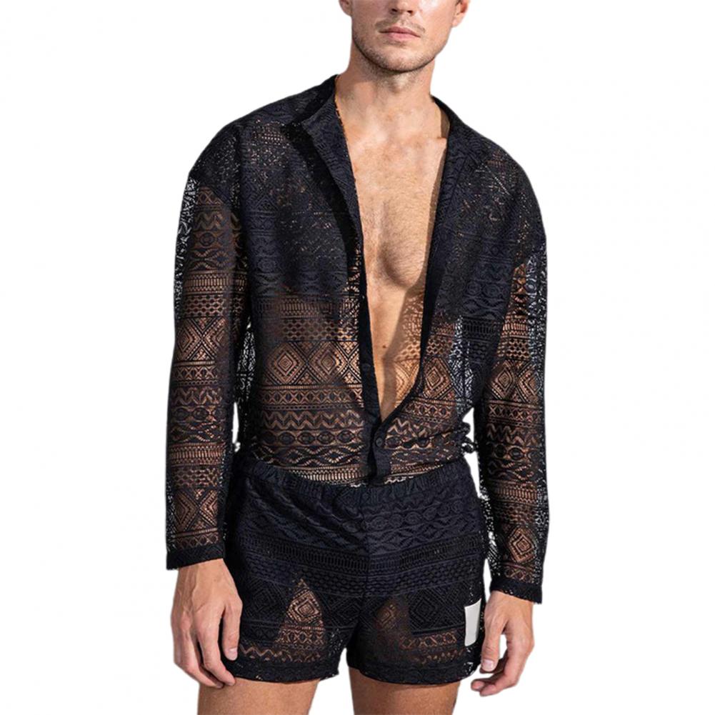 1 sada Populární pánský outfit Sexy muži Top šortky Hollow Out Průhledné Háčkované Košile Šortky Single Breasted