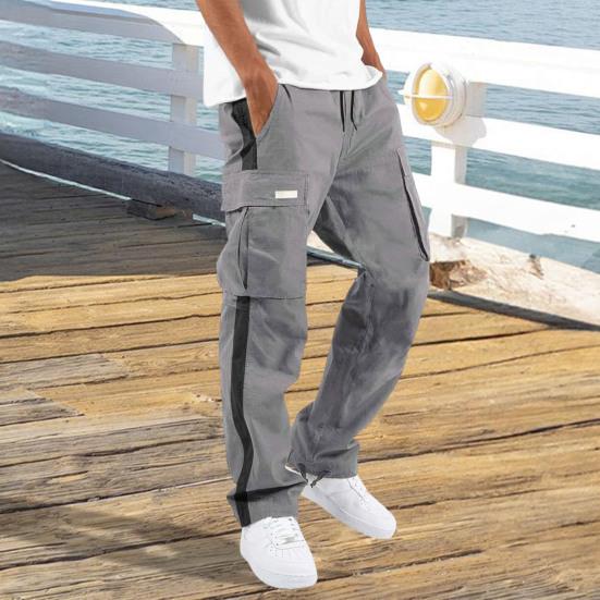 

Men Pants with Multi Pockets Drawstring Elastic Waist Wide Leg Loose Cargo Pants Daily XL темно-сірий