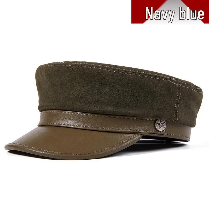 Korean Style Unisex Lambskin Flat Top Hat - Genuine Leather, Trendy, Youth Student Design, Casual, Face-Slimming Look