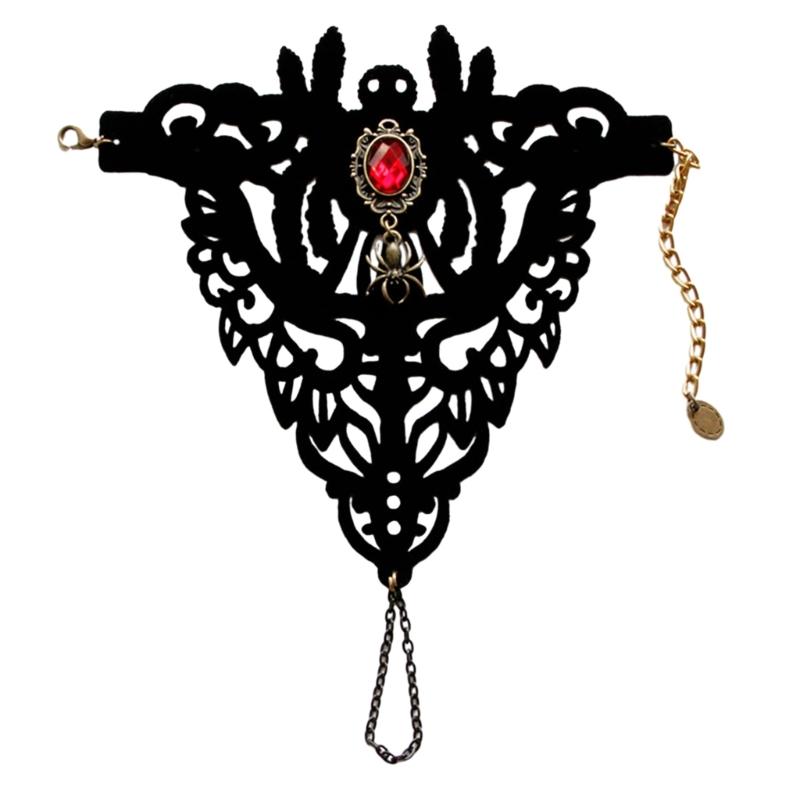 Gothic Black Lace Bracelet with Finger Rings Steampunk Vampire Wristband Halloween Victorian Costume Accessories