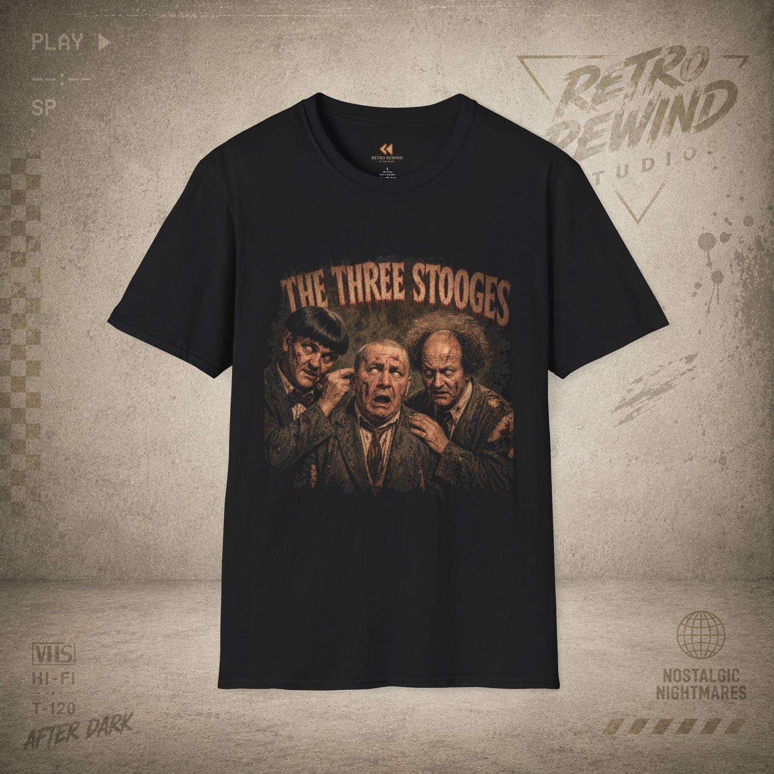 Three Stooges Horror T-Shirt | Creepy Vintage Comedy Nightmare Tee | RetroRewind After Dark 2XL